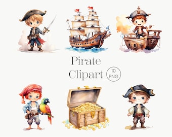 Cartoon Pirates Clipart 10 PNG Cute Pirate Boy Print, Pirate ship, Printable Watercolor clipart Digital download, Papercraft, Commercial Use