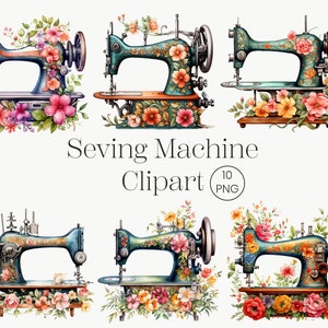 Watercolor Floral Sewing Machine, 10 PNG Floral Sewing Machine Clipart Sewing Clipart Quilting Clipart  Vintage PNG Paper Craft