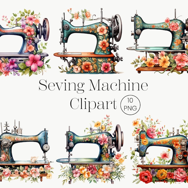 Watercolor Floral Sewing Machine, 10 PNG Floral Sewing Machine Clipart Sewing Clipart Quilting Clipart  Vintage PNG Paper Craft