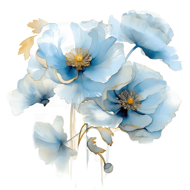 May include: Watercolor painting of light blue flowers with gold accents. The petals have a delicate, translucent quality, and the centers are a darker gold. The flowers are set against a white background.