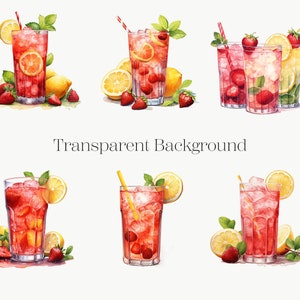 May include: Six watercolor illustrations of glasses filled with red lemonade, garnished with lemon slices, strawberries, and mint leaves.  The glasses are on a white background.