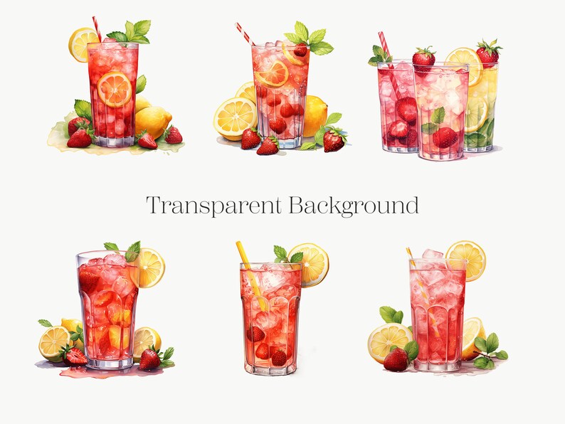 May include: Six watercolor illustrations of glasses filled with red lemonade, garnished with lemon slices, strawberries, and mint leaves.  The glasses are on a white background.