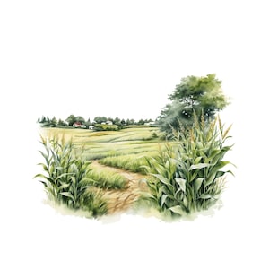 Peut inclure: Une peinture à l'aquarelle d'un chemin de terre serpentant à travers un champ de maïs vert. Le chemin mène à un petit village au loin.