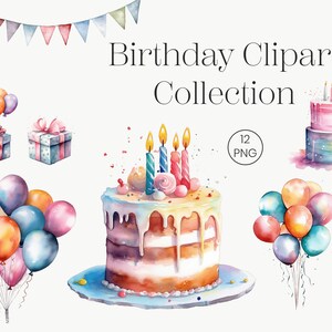 Geburtstag Aquarell 12 Hochwertige Clipart | Luftballons, Torte, Banner, Flagge, Geschenk, Dekor, Happy Birthday, Party, Einladung, Baby shower
