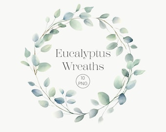 Könnte beinhalten: Ein Aquarellkranz aus Eukalyptusblättern in Grün- und Blautönen. Der Kranz ist rund und hat einen Textüberlagerung mit der Aufschrift "Eucalyptus Wreaths 10 PNG".