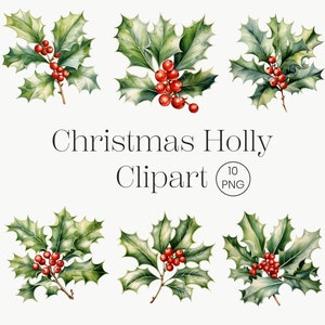 Clipart acquerello di agrifoglio di Natale / 10 PNG trasparenti / Clipart floreale festivo di Natale PNG Clipart di Natale Carta artigianale Junk Journal