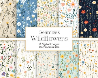 Puede incluir: Un conjunto de 10 patrones digitales sin costuras que presentan flores silvestres coloridas sobre varios fondos, incluidos azul, blanco, beige y negro. El texto "Seamless Wildflowers 10 Digital Images Commercial Use" se muestra en el centro de la imagen.