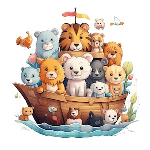 K&ouml;nnte beinhalten: Eine farbenfrohe Illustration eines Holzboots, das mit verschiedenen Tieren gef&uuml;llt ist, darunter ein L&ouml;we, ein B&auml;r, eine Katze und ein Hund. Das Boot schwimmt auf blauem Wasser mit wei&szlig;en Wellen.