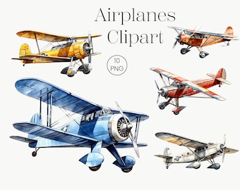 Clipart de Avião Retrô em Aquarela | Aviões Vintage em PNG (Download Digital)