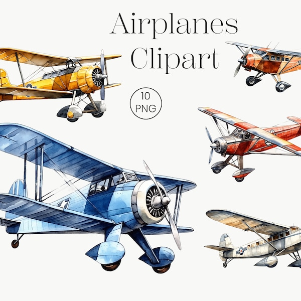 Vintage Airplane Watercolor Planes | 10 High Quality Transparent PNG | Retro planes clipart aircraft png Clip Art Card Making Digital