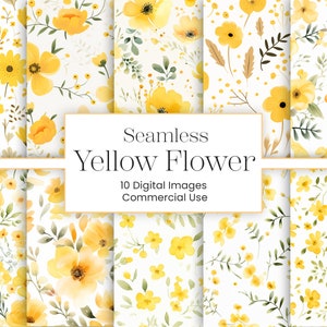 Yellow Flowers Printable Paper | 10 JPG | Floral Printable Paper Yellow Watercolor Seamless Shabby Chic Instant Floral Wildflower Scrapbook