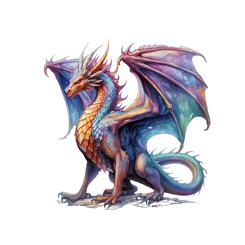 Puede incluir: Un drag&oacute;n colorido con escamas naranja, azul y morado. El drag&oacute;n tiene alas grandes y una cola larga. Est&aacute; de pie sobre una superficie rocosa.