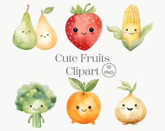 Aquarel schattig fruit clipart | 10PNG | Groenten grappig fruit bessen clipart bundel, Kids PNG, kinderen kinderkamer decor commercieel gebruik