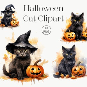 Cute Halloween Cat Clipart | 10 High Quality Transparent PNG | Magic cat Fantasy Clipart, Halloween Cat PNG Digital Planner Junk Journal
