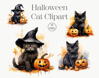 Halloween Cat Watercolor Clipart | Magic Black Cats (PNG Digital Download)
