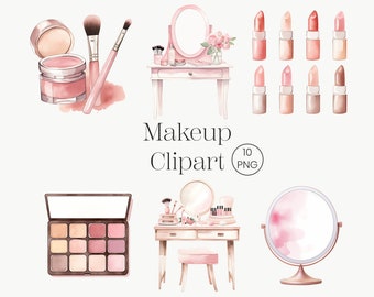 May include: Watercolor illustration of makeup items, including a vanity table with a mirror, a makeup palette, a jar of cream, two makeup brushes, and ten lipstick tubes in various shades of pink and brown.