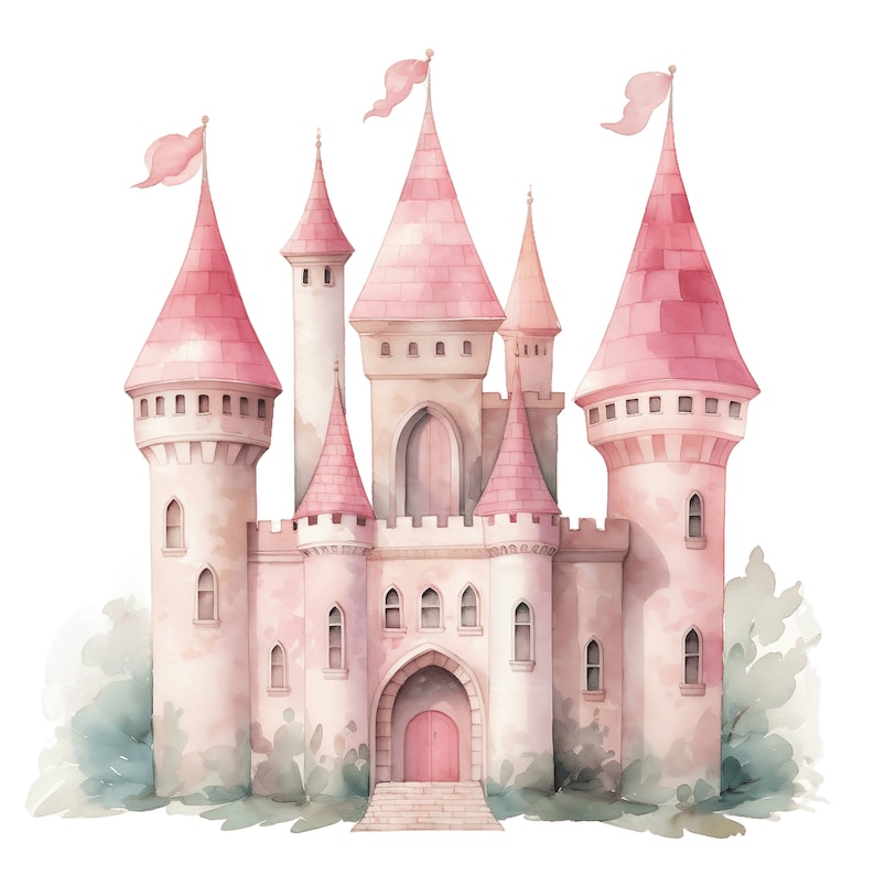 Pink Fairytale Castle Clipart | 10 JPG | Magic Kingdom Watercolor ...