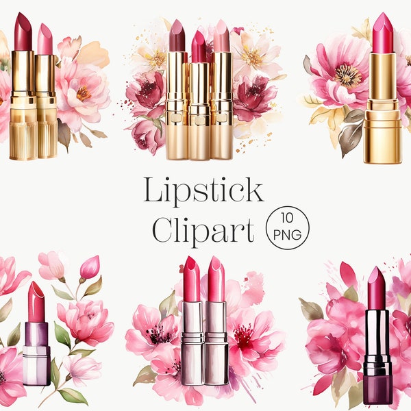 Floral Lipstick Clipart 10 PNG Watercolor Lipstick Printable Watercolor Clipart, Vintage Floral Lipstick PNG, Paper Craft Digital Download