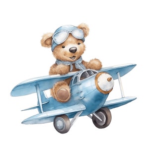 Aquarell Geburtstag Teddy Bär Clipart Sammlung für die kommerzielle Nutzung | Baby Blau Geschenk Deko Spielzeug Ballons Flugzeug | Neugeborene Babypartys