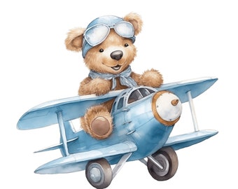 Watercolor Teddy Bear Clipart | Baby Blue Airplane, Balloons (Digital Download)