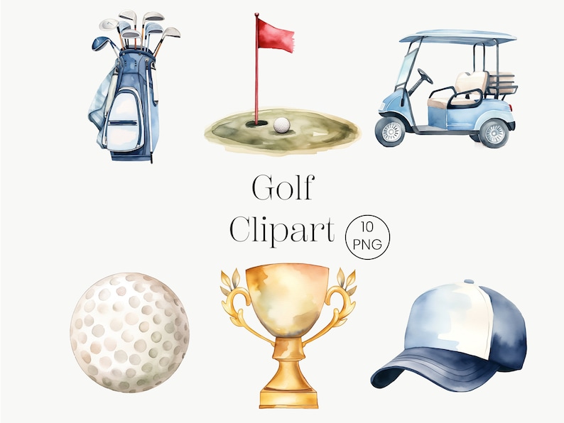 Puede incluir: Ilustraci&oacute;n de acuarela de clipart con tem&aacute;tica de golf. Incluye una bolsa de golf azul con palos, una pelota de golf en un green, un carrito de golf, una pelota de golf, un trofeo dorado y una gorra de b&eacute;isbol azul y blanca. Tambi&eacute;n se incluye el texto "Golf Clipart".