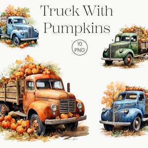 Truck With Pumpkins Clipart | 10 High Quality Transparent PNG | Fall Halloween Clipart Bundle Junk Journals Scrapbooking Vintage Truck