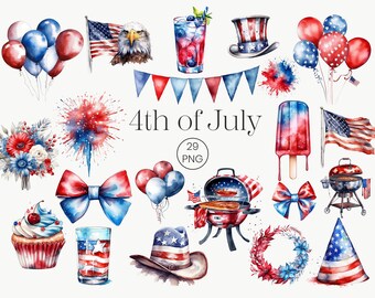 Watercolor 4th of July Clipart | USA Patriotic PNG Bundle (29 Files)