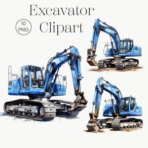 Blue Excavator Watercolor | 10 High Quality Transparent PNG | Construction Machine Clipart Heavy Blue Machinery Vehicle Watercolor