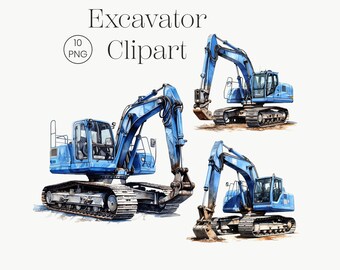 Aquarela Escavadeira Azul | 10 PNG transparente de alta qualidade | Máquina de construção Clipart Pesado Azul Máquinas Veículo Aquarela