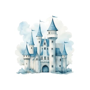 Imágenes prediseñadas del castillo de cuento de hadas azul / 10 JPG / Fantasía Magic Kingdom acuarela cuento de hadas clipart baby shower clipart vivero recién nacido clipart