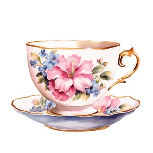 Florale Teetasse Clipart | 10 JPG | Florales Teetassen-Set, druckbares Aquarell, bunte Blumen, digitaler Download, Junk Journals, Papierhandwerk