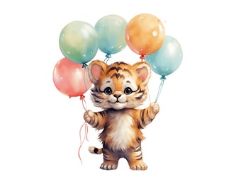 Akvarell tiger clipart: Födelsedagsballonger, babyshower (JPG digital nedladdning)