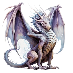Puede incluir: Un drag&oacute;n morado y azul con cuernos y garras blancas, sentado con las alas extendidas.