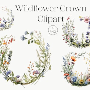 Wildflower Crown Floral Clipart / 10 PNG trasparente / Flower Wreath Floral Crown Card Making, Digital Paper Craft Wildflower Bouquet