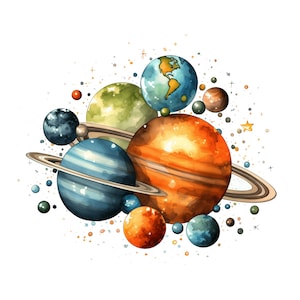 Spazio Clipart acquerello / 10 JPG / pianeti colorati di alta qualità universo spazio carta artigianale creazione di carte spazzatura digitale riviste arte della parete