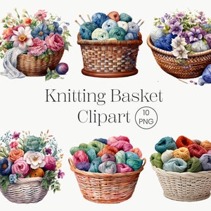 Clipart panier tricot aquarelle, 10 fils PNG et laine PNG, tricot floral et Clipart aquarelle au Crochet, panier de fleurs, passe-temps