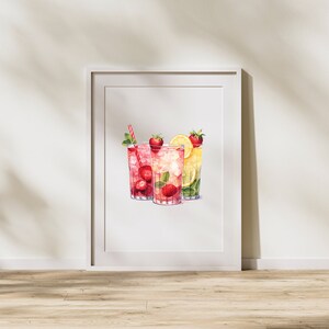 May include: A watercolor painting of three glasses of summer drinks. The glasses are filled with pink lemonade, strawberry lemonade, and a green citrus drink. Each glass has a straw and is garnished with fresh fruit.