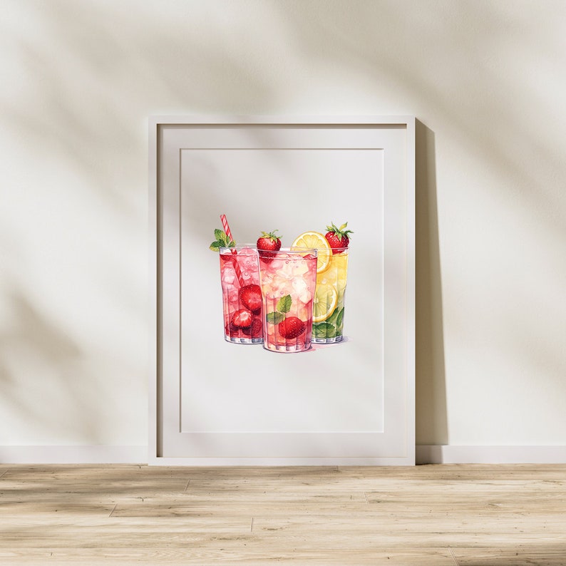May include: A watercolor painting of three glasses of summer drinks. The glasses are filled with pink lemonade, strawberry lemonade, and a green citrus drink. Each glass has a straw and is garnished with fresh fruit.