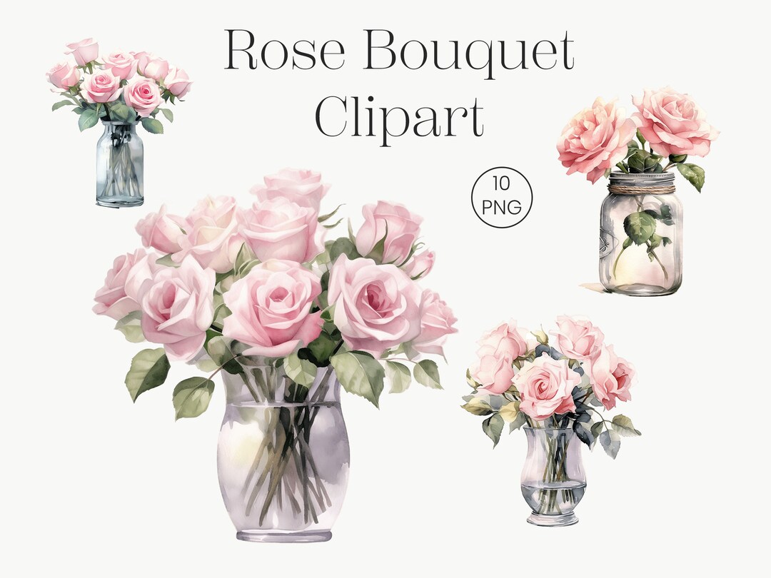 Watercolor Pink Roses Clipart | Vase Bouquet PNG (digital Download) - Etsy