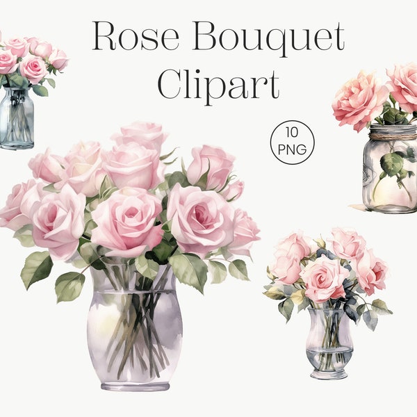 Pink Roses in Glass Vase Clipart | 10 Transparent PNG |  Vase of Flowers, Digital Paper Craft, Watercolor clipart, Roses Bouquet clipart