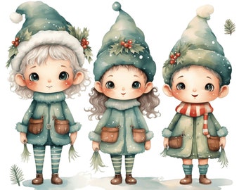 Op de afbeelding: Drie aquarel illustraties van elven die groene en witte wintermutsen dragen met hulst en bessen. De elven dragen groene jassen met bruine zakken en witte bontkraag. Ze houden hulsttakjes in hun handen.