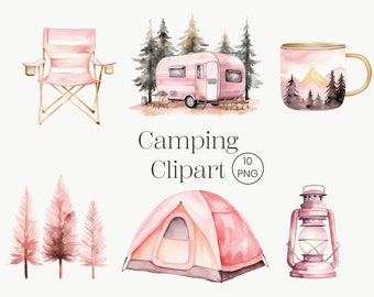 Camping Clipart 10 PNG Watercolor Girl Camping Clipart, Campfire Camper Outdoors Clipart, Camp Clipart, Girly Camping, Glamping Tent Clipart