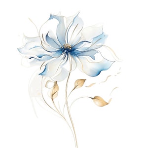 May include: Watercolor illustration of a delicate flower with translucent blue and white petals. The flower has a golden center and is set against a white background. The stem and leaves are a warm, golden brown.
