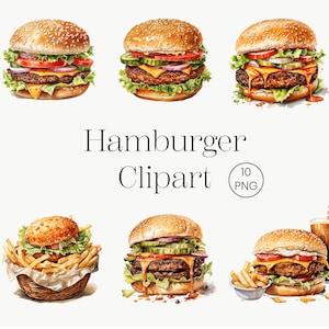 Watercolor Burger clipart, 10 Transparent PNG Fast food clipart bundle, Hamburger Clipart, Fast Food, Sublimation, Scrapbooking Digital PNG