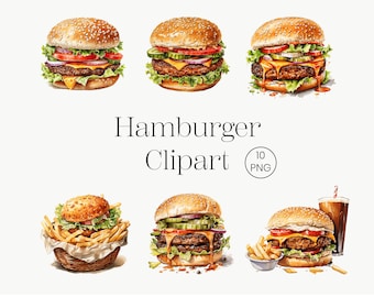Clipart Burger aquarelle : ensemble PNG de restauration rapide (téléchargement numérique)