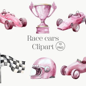 Rennauto Aquarell Clipart 10 PNG Retro Pink Rennauto Kinder Clipart Kinderzimmer Dekor Baby Mädchen, es ist ein Mädchen Kinder Kunst Kindergarten-Kunst Kommerzielle Nutzung
