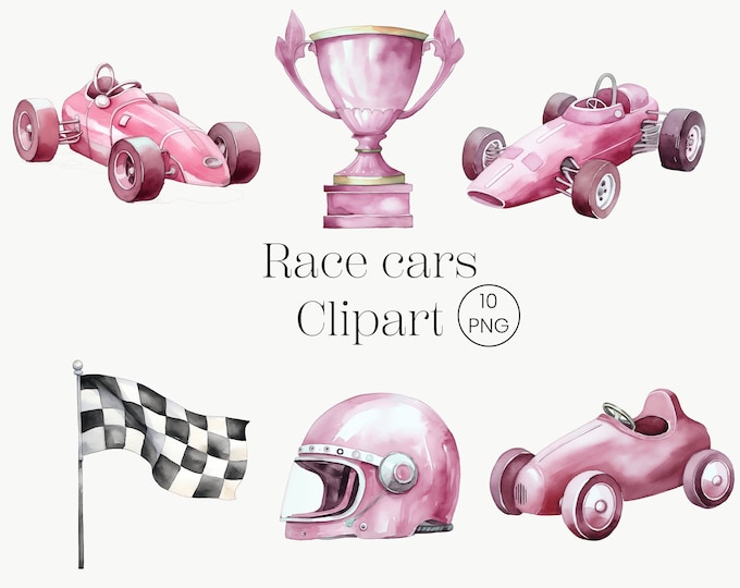 Pink Racing Car Set Pink Race Car Watercolor Clipart PNG Bundle Set Nursery Boy Girl Shower ...