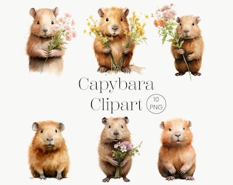 Cute Capybara Clipart, 10 PNG Cute Animal with Flowers, Floral Animal Nursery Wall Art Watercolor Illustration Sublimation Savanna Animals