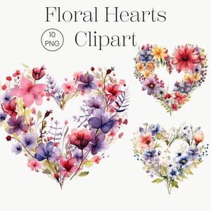 Floral Hearts Clipart | 10 High Quality PNG | Valentines Day Wildflower Watercolor, Digital Planners, Scrapbooking, Craft