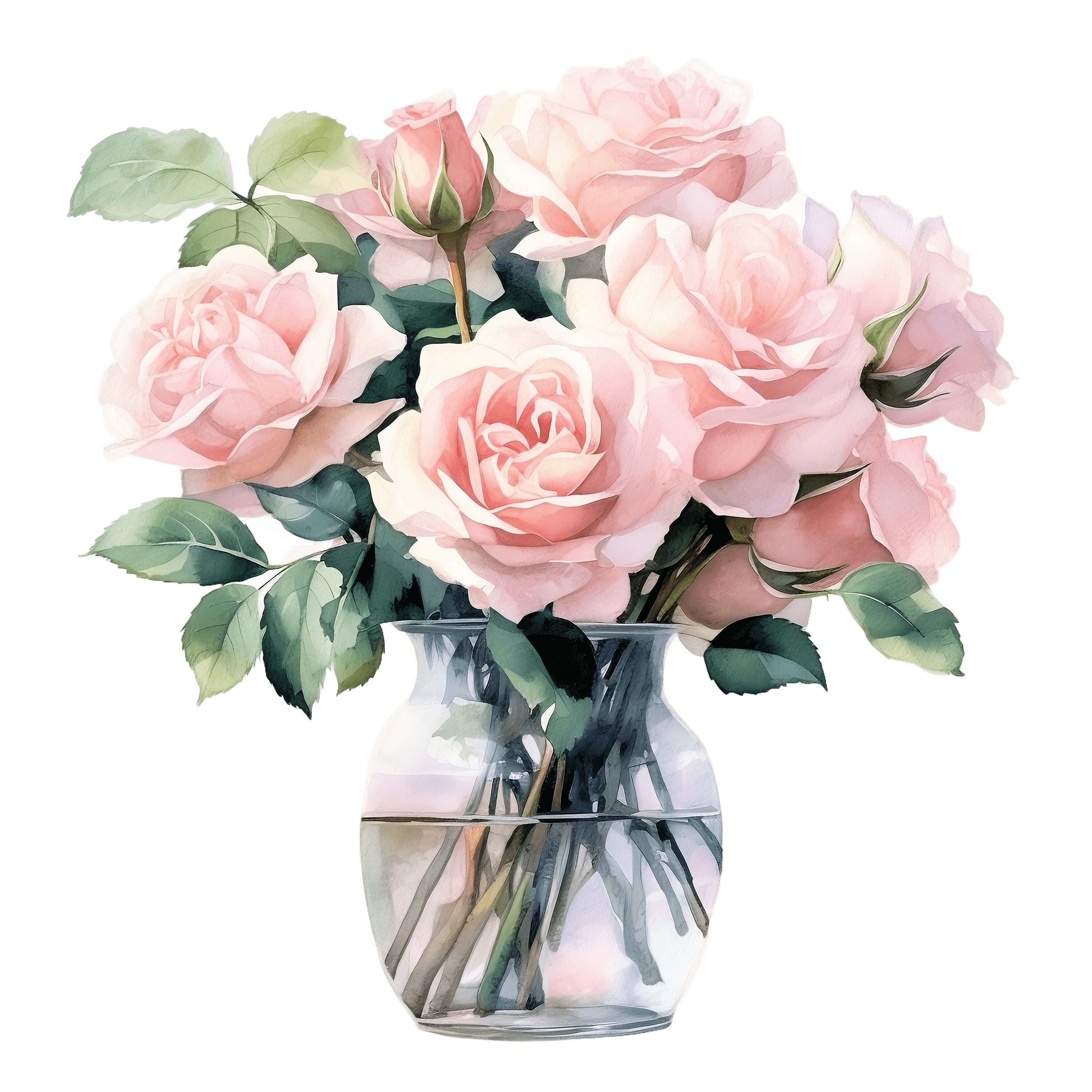 Pink Roses Watercolor Clipart | Floral Bouquet in Glass Vase (digital ...
